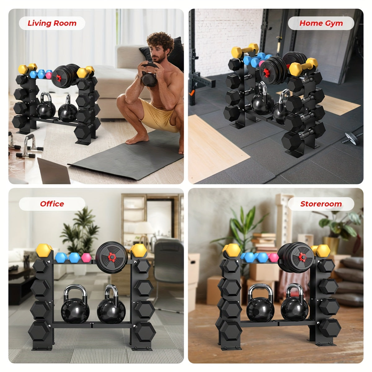 Collage of a adjustable dumbbell and kettlebell set in different settings: living room, home gym, office, and storeroom.