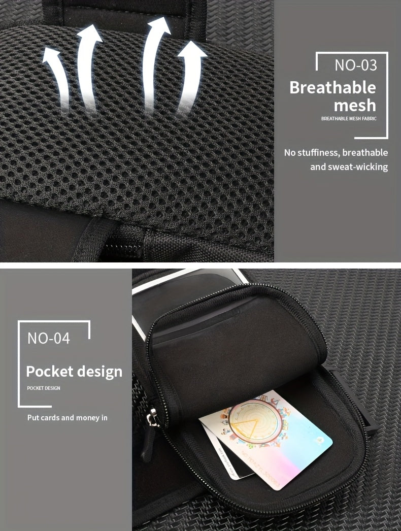 Black phone holder for running with breathable design and pocket for cards and money on a gray background.