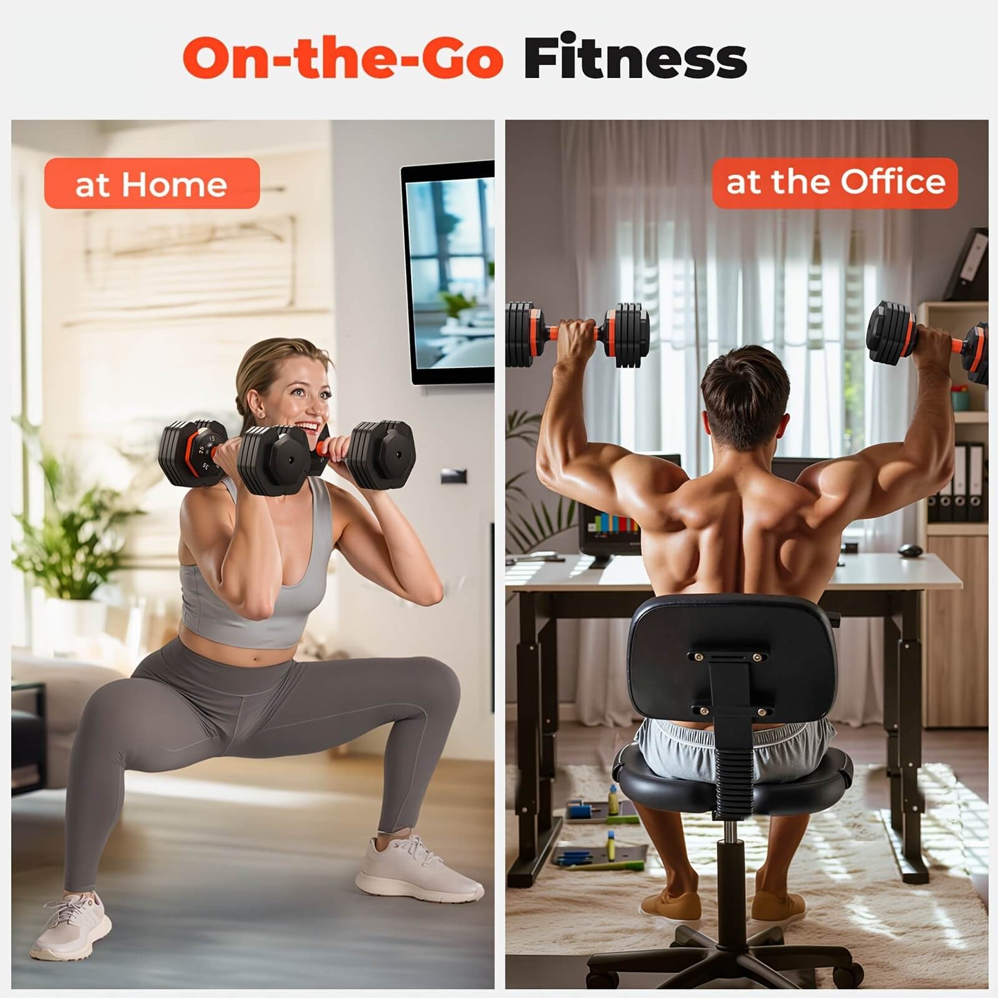 Two people exercising, one at home and one at the office.
