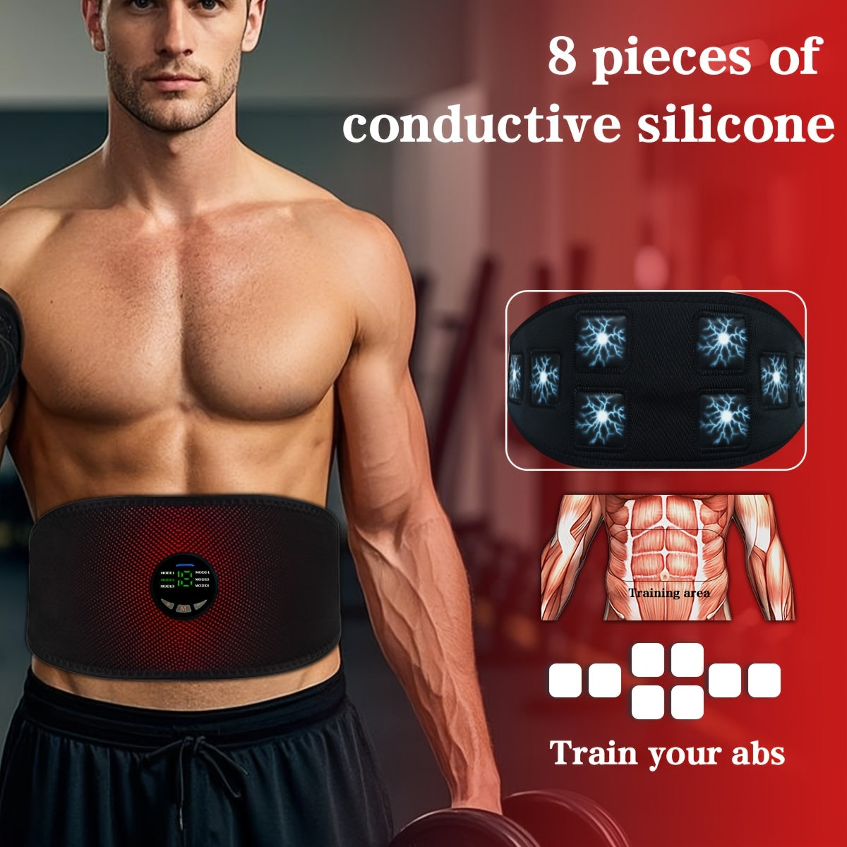 Man wearing a belly fat burner belt with conductive silicone and training areas.
