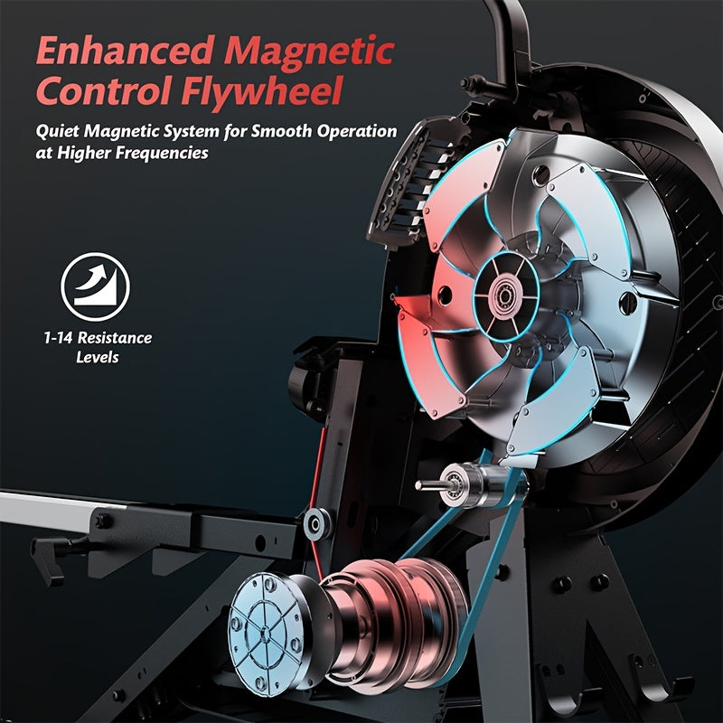 Enhanced Magnetic Control Flywheel  of a magnetic rowing machine with text on a dark background