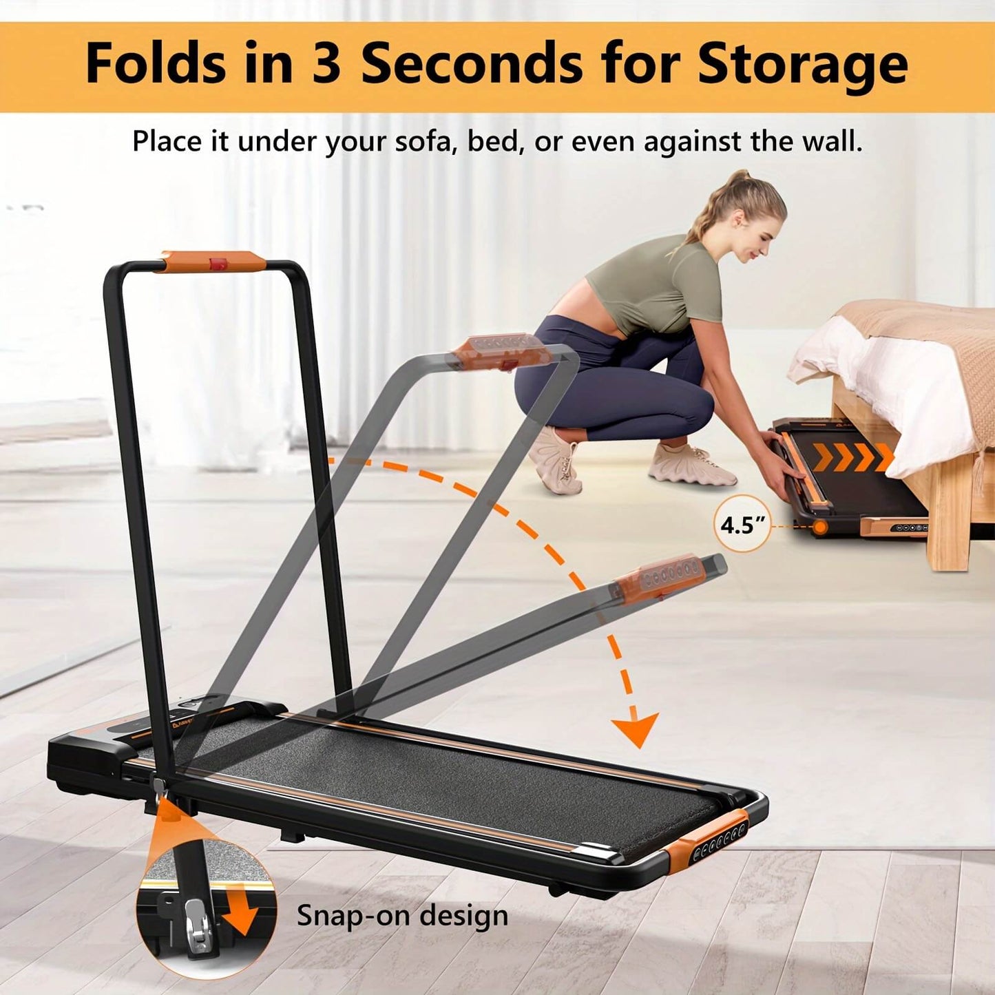 A woman pulling out a Airhot 2-in-1 under desk treadmill from under the bed