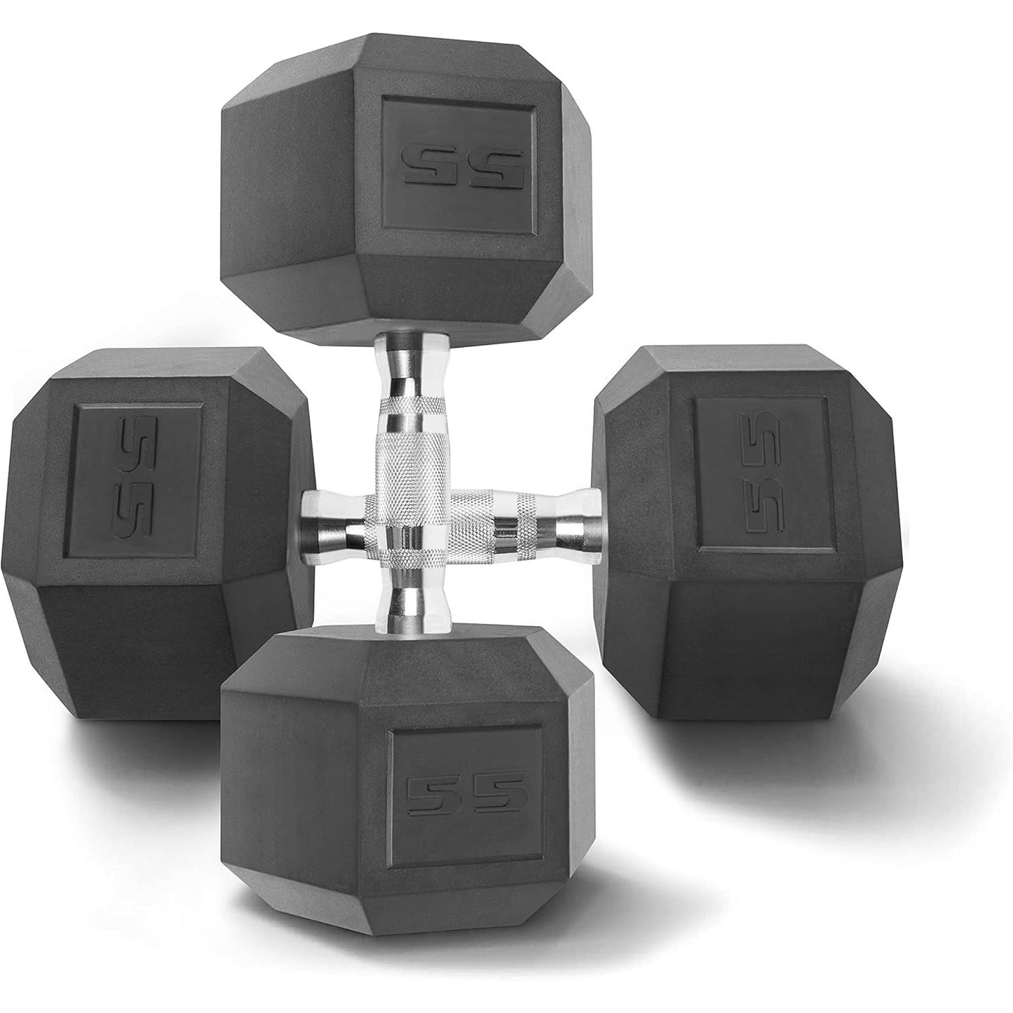 Set of black hexagonal dumbbells with a brand logo on a white background