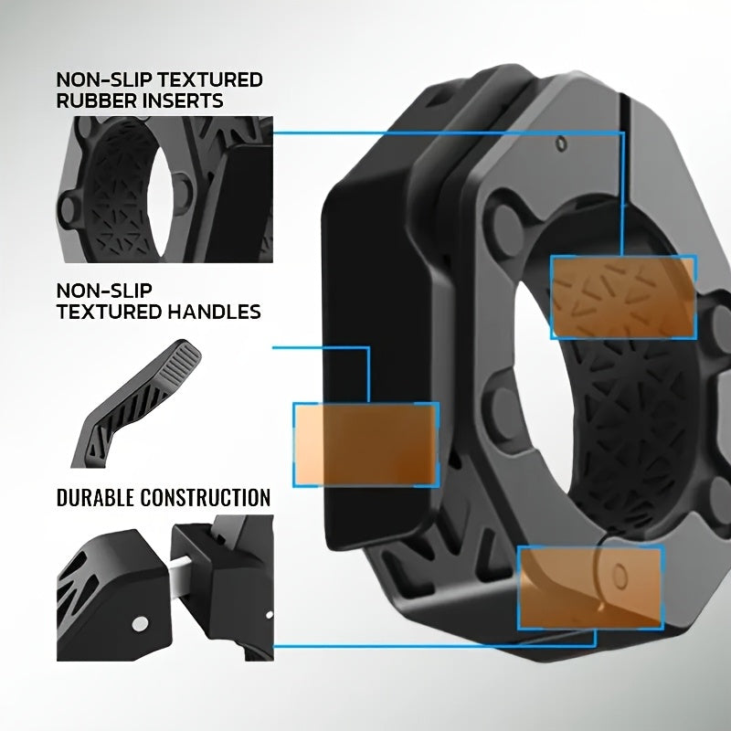 A black barbell collar with non-slip textured rubber inserts and handles, on a white background