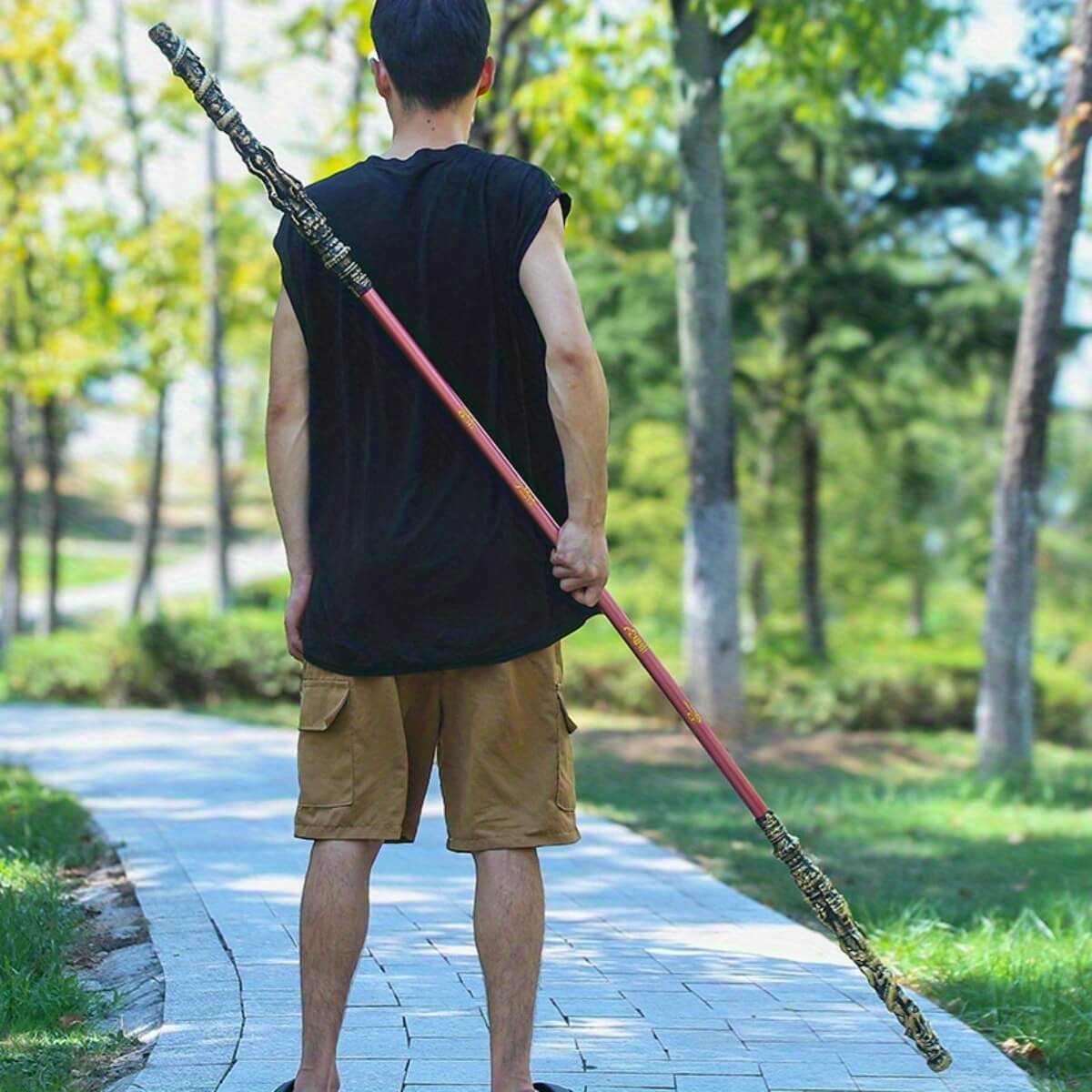 Person holding a long spear-like Sun Wukong Stick in a park setting