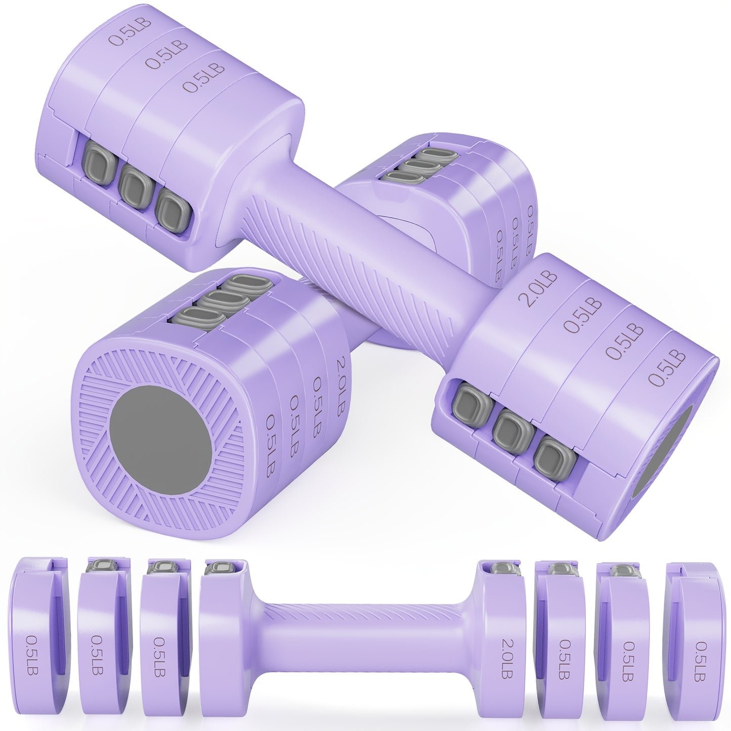 Pair of purple adjustable dumbbells with weight markings on a white background
