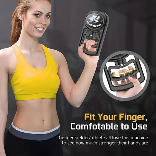 Woman using a Hand Grip Strength Dynamometer with text highlighting its comfort and popularity among users.