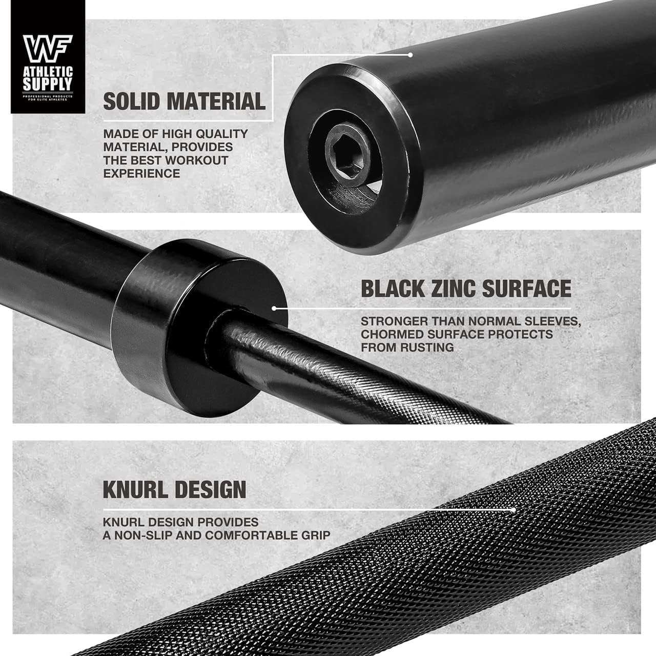 Black barbell bar features on a gray background