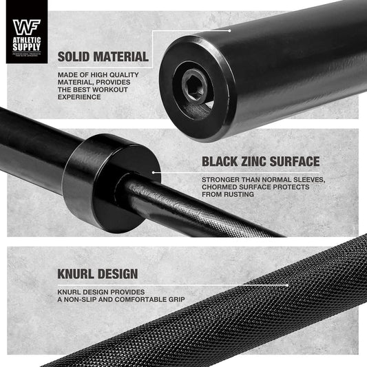 Black barbell bar features on a gray background