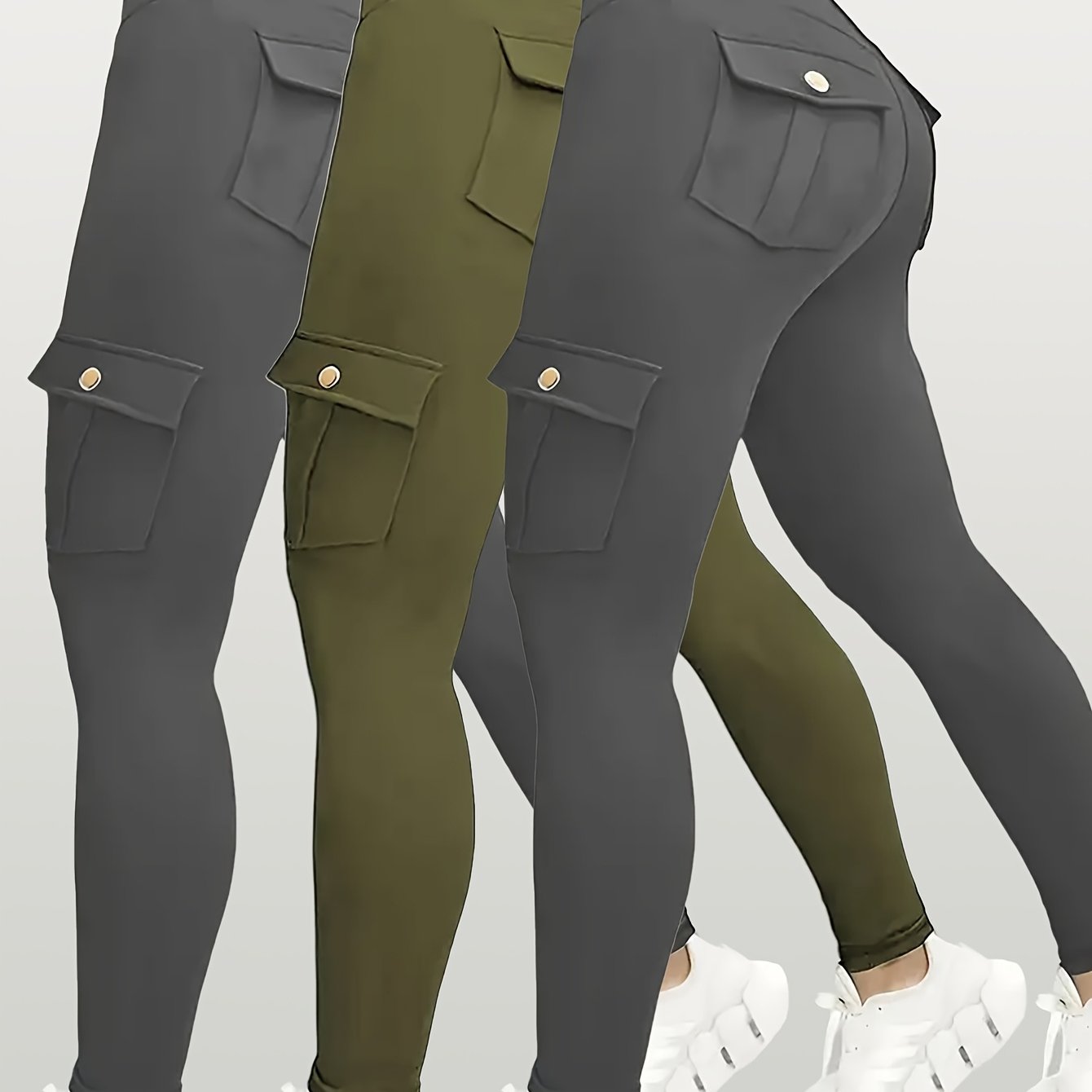 Three pairs of yoga leggings in gray, green, and black on a white background