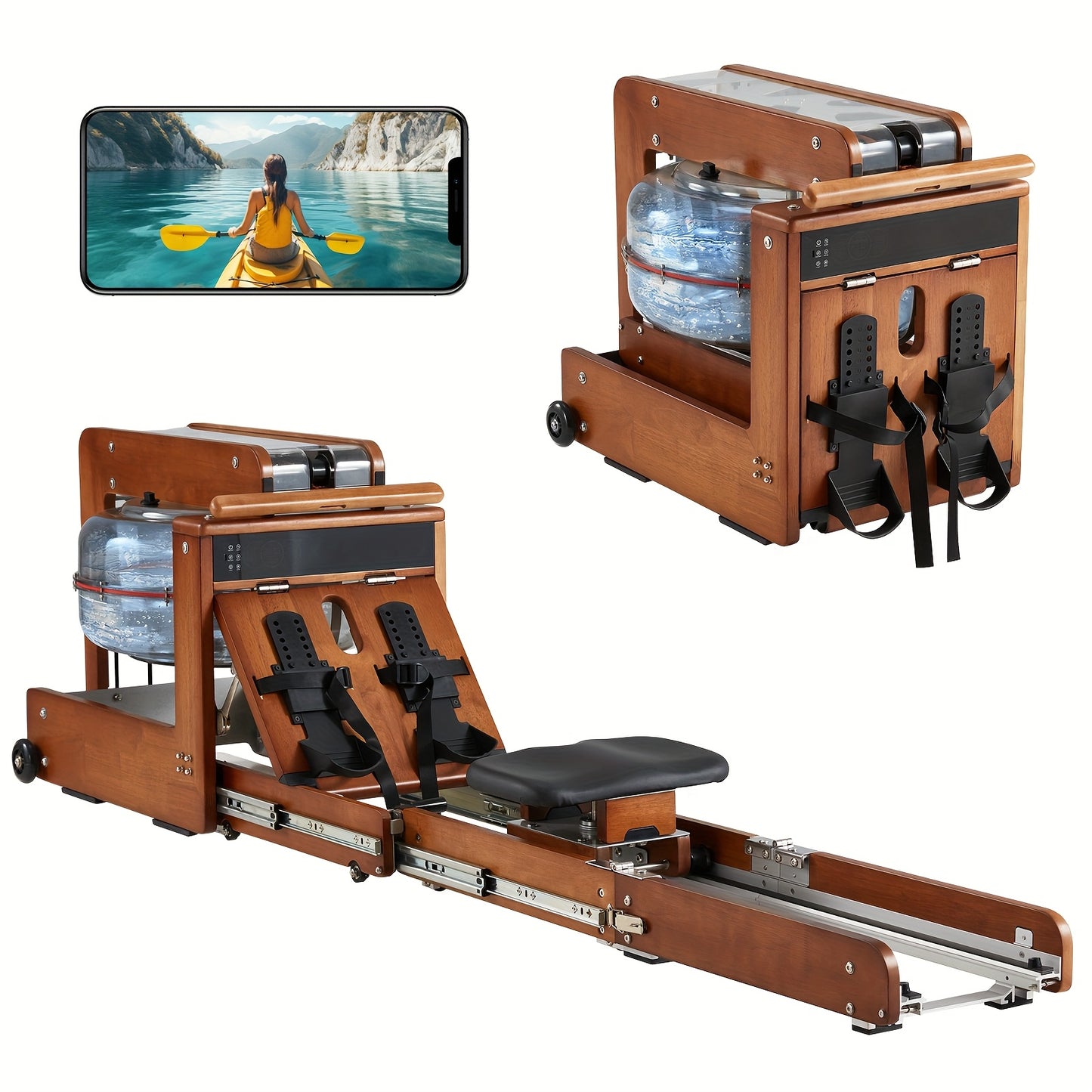 Wooden foldable rowing machine with screen displaying kayaking video on a white background
