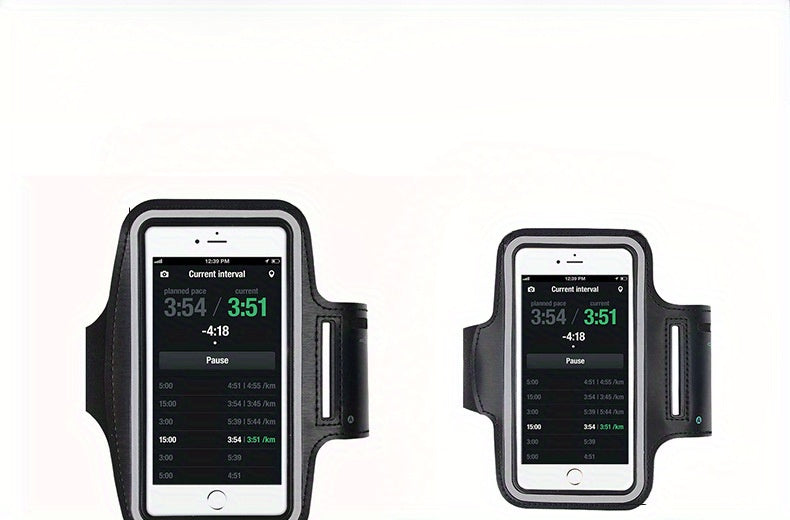 Two black phone holders for running with digital displays on a white background