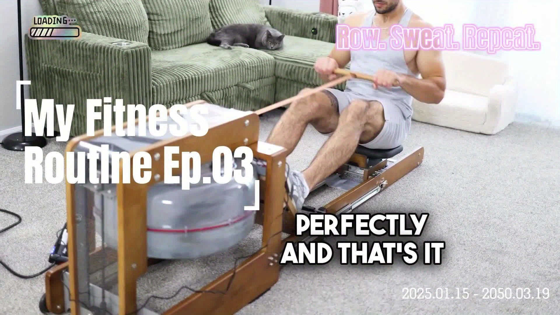 Man using a foldable rowing machine in a living room with text overlay about a fitness routine.