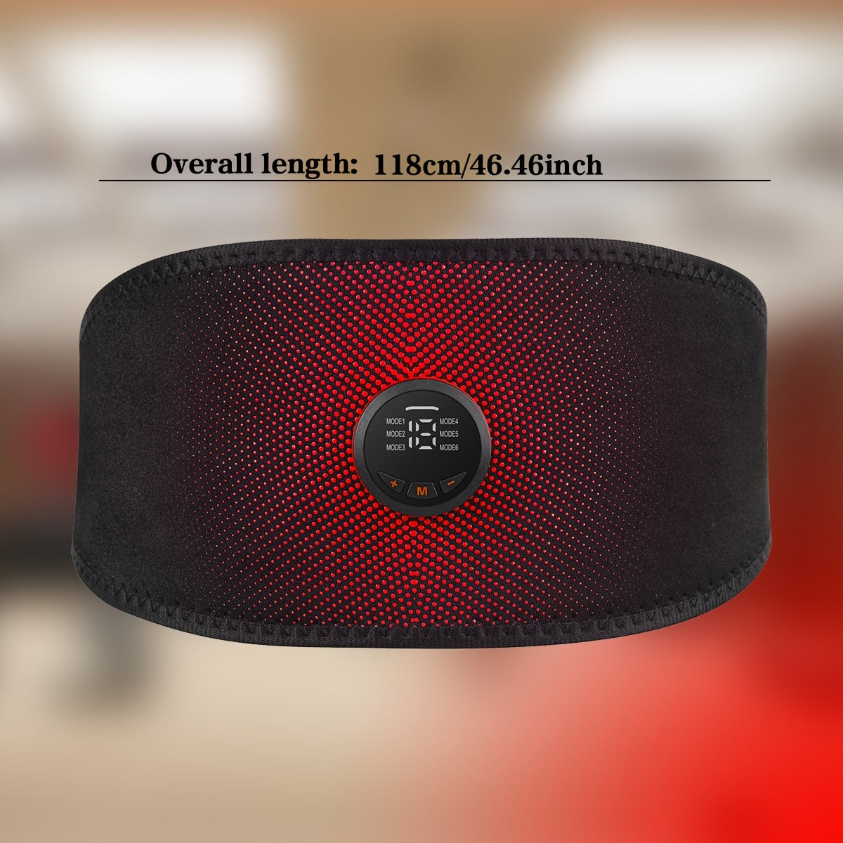 Black and red belly fat burner belt with digital display on a blurred background