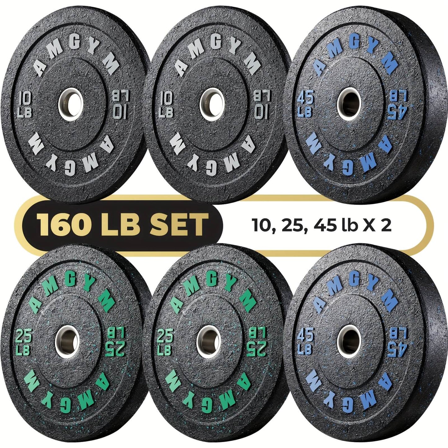 Set of weight plates with a total weight of 160 pounds on a white background.