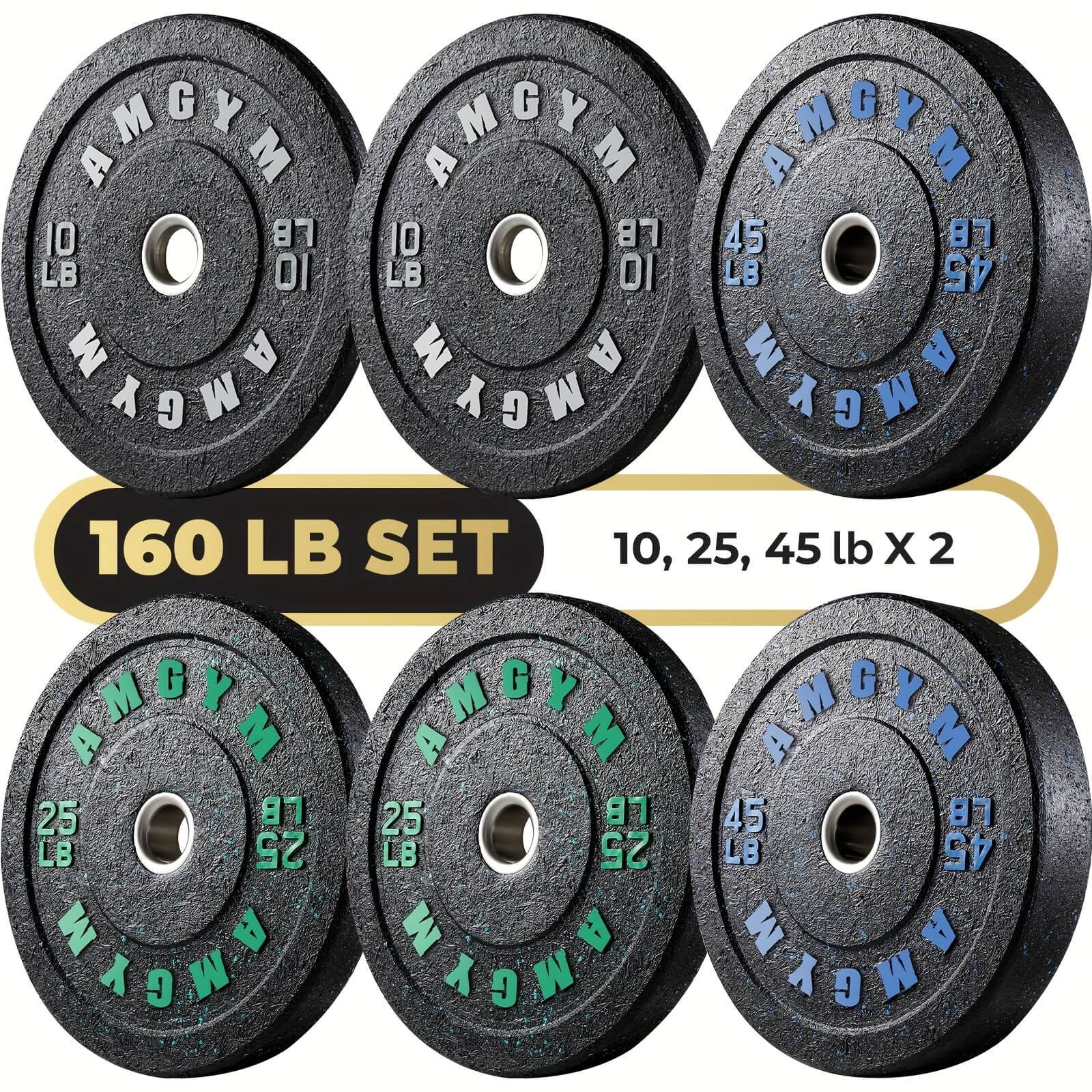 Set of weight plates with a total weight of 160 pounds on a white background.