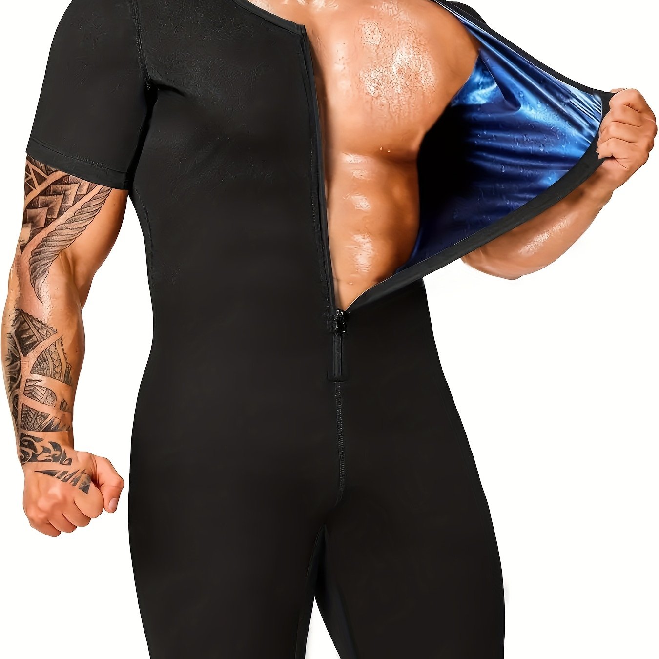 Person wearing a black sweat suit with a tattooed arm, showing the inside lining.