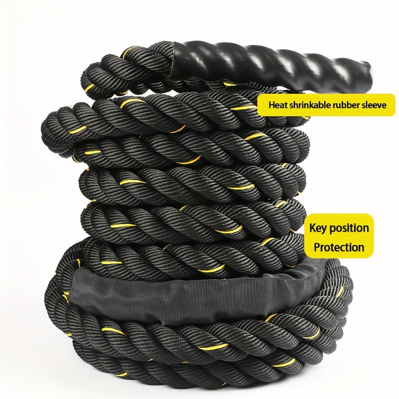 Black exercise battle rope with yellow accents on a white background