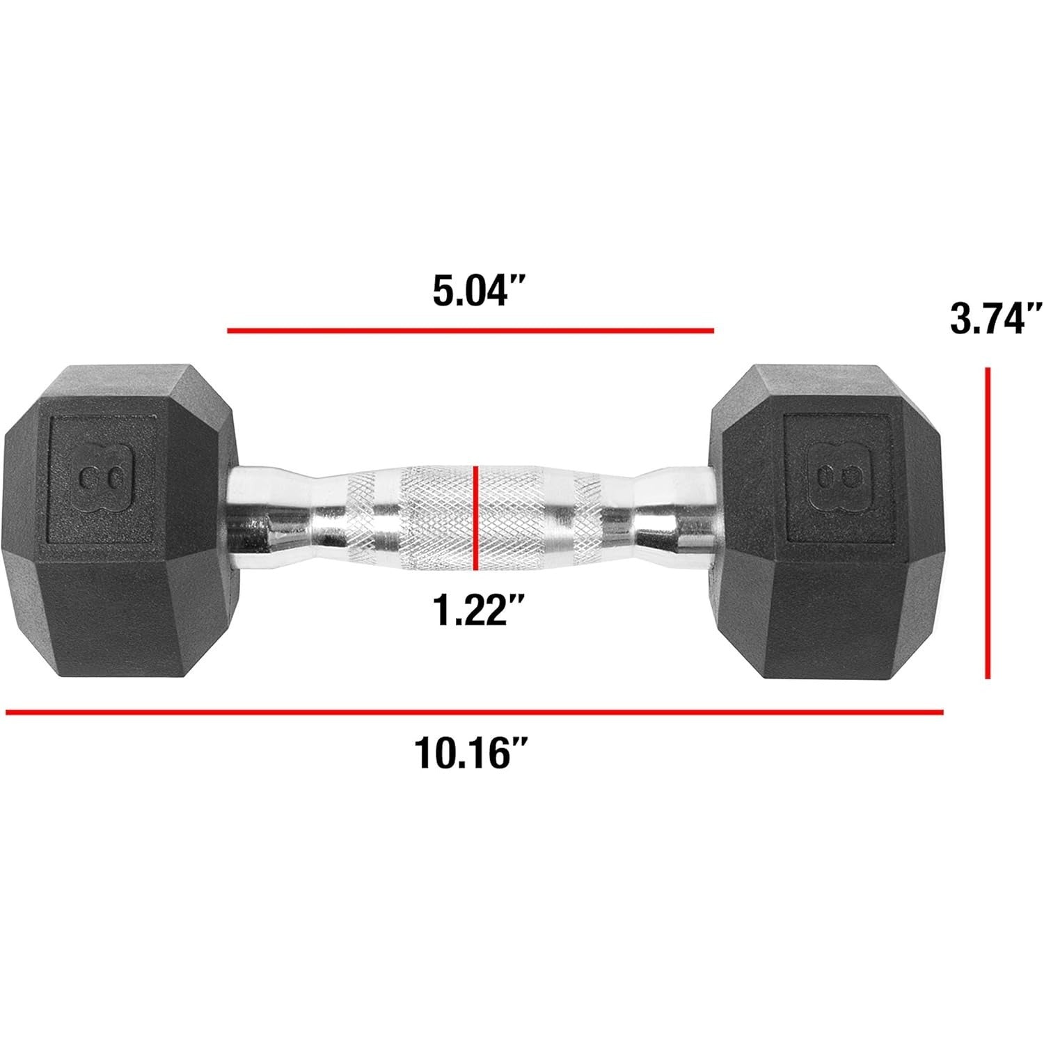Hexagonal dumbbell with measurements on a white background