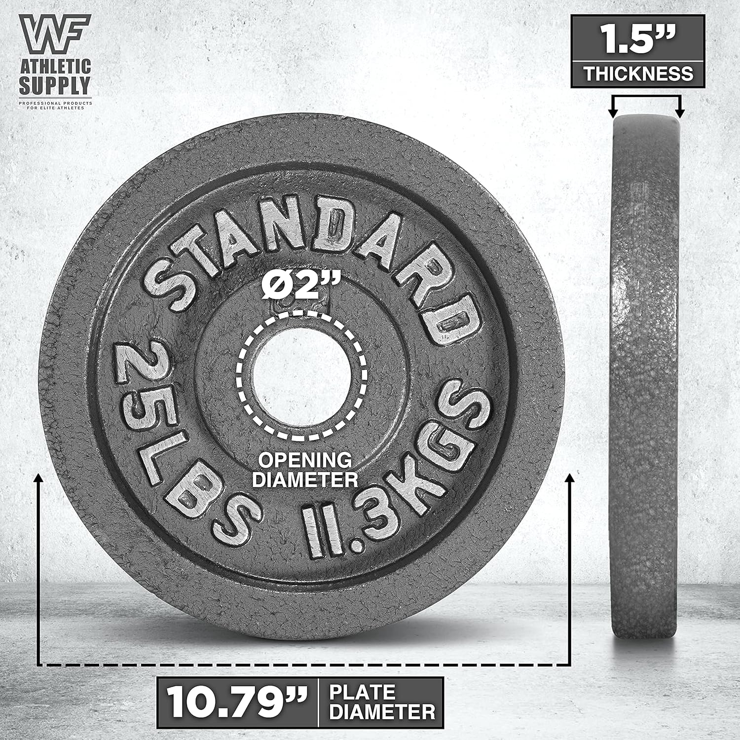 Weight plate with measurements on a gray background.