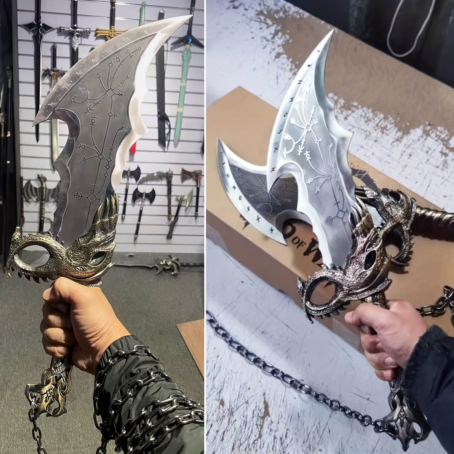 Chaos blade with chain held by a person, against a background of similar blades.
