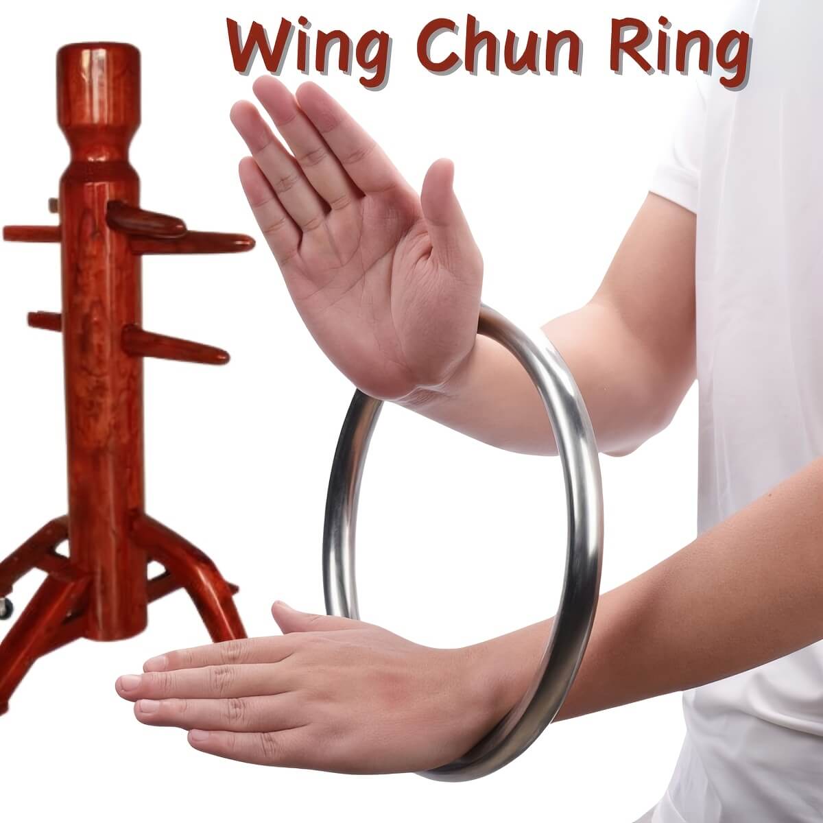A person training with a wing chun ring with a wooden Wing Chun dummy in the background