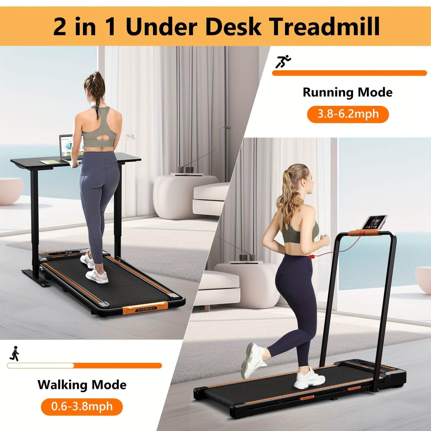 2 women working out on an Airhot 2-in-1 under desk treadmill sold by 100 Spartans