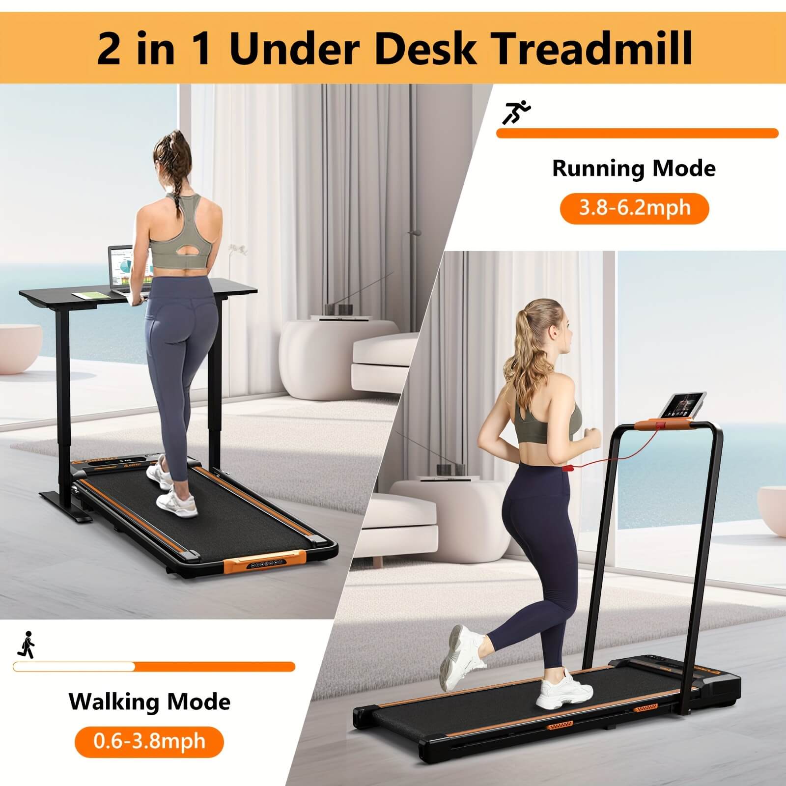 2 women working out on an Airhot 2-in-1 under desk treadmill sold by 100 Spartans