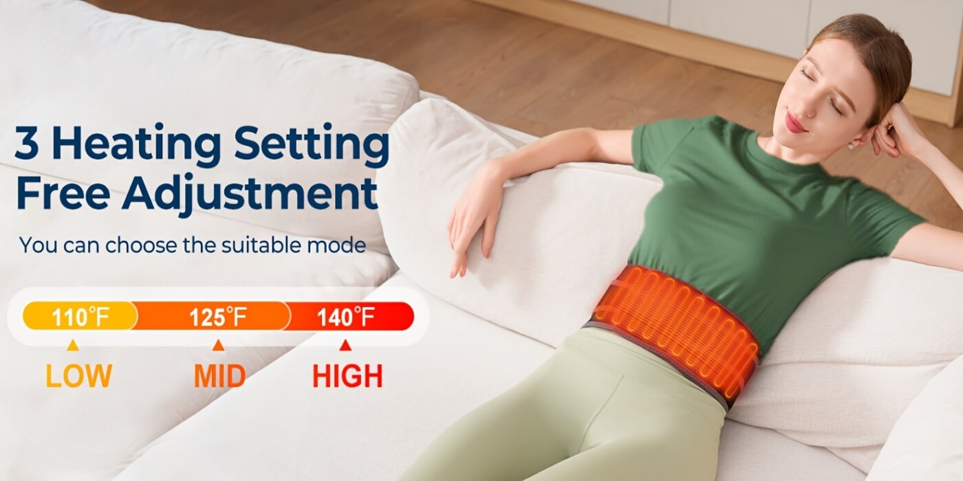 Woman using a muscle stimulator machine with temperature settings displayed on a white background