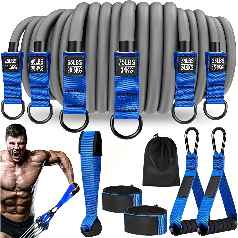 Resistance band set with various weights and accessories on a white background, featuring a muscular man using the bands.