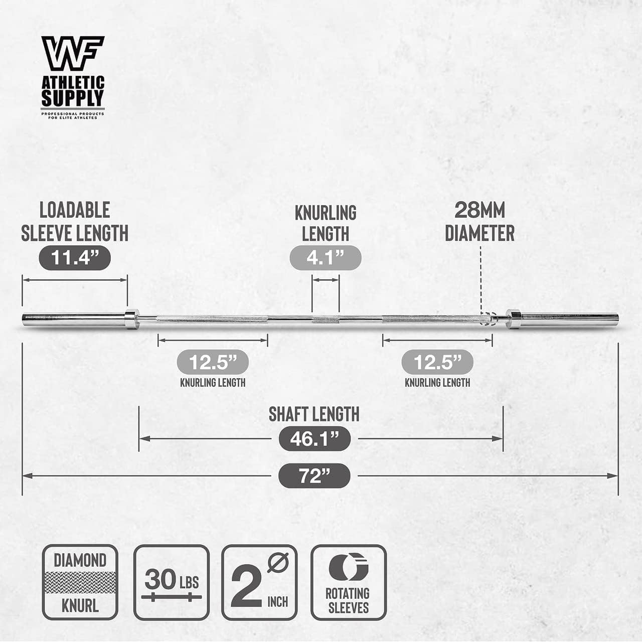 Measurement chart for a barbell bar with WF Athletic Supply branding on a white background