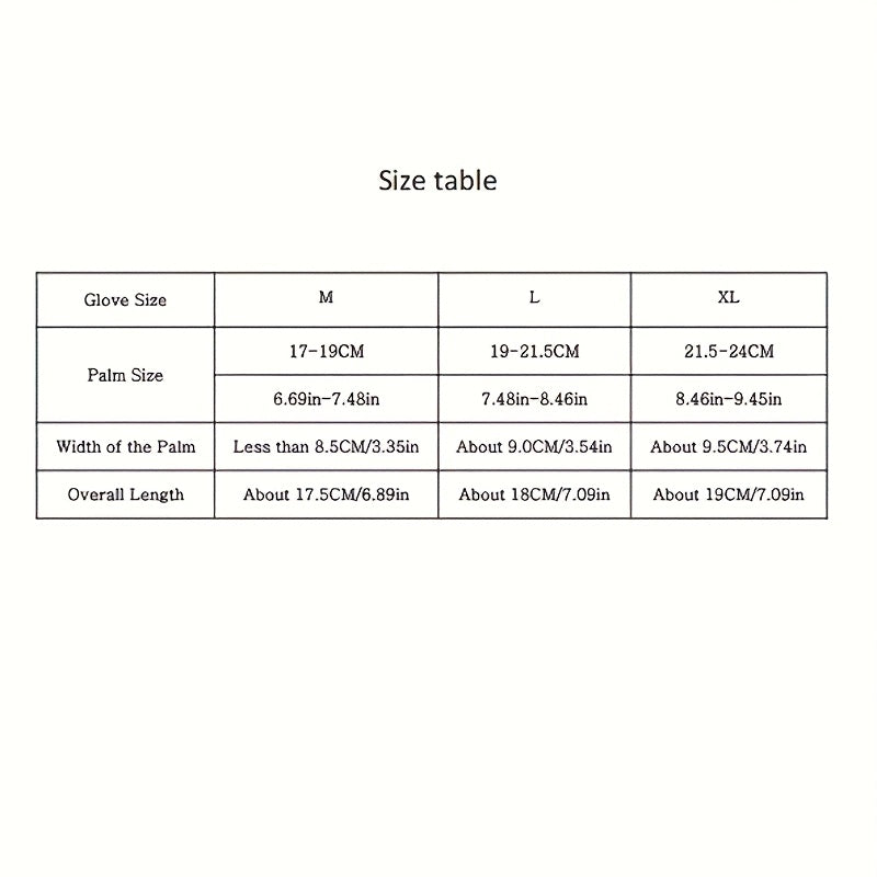 Size table for padded workout gloves with dimensions in centimeters and inches