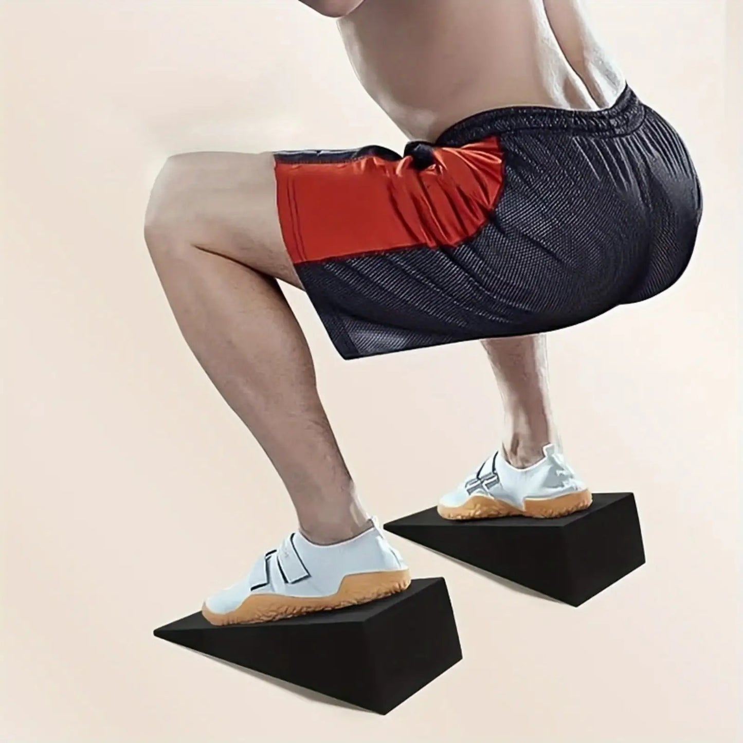 Person stepping onto black squat wedge blocks for exercise on a beige background