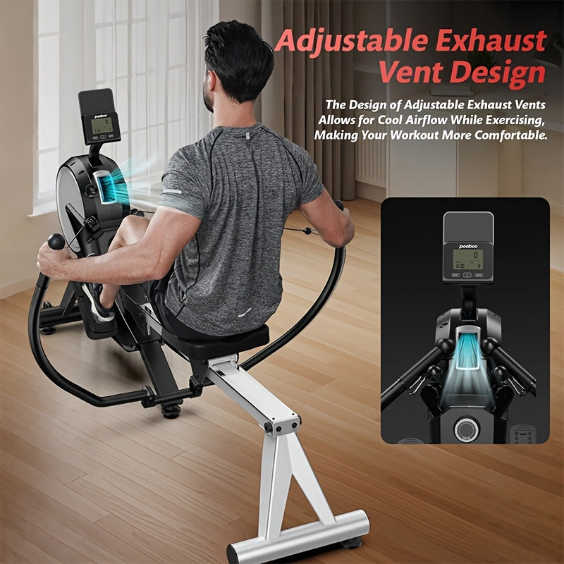 Person using a magnetic rowing machine with adjustable exhaust vents highlighted
