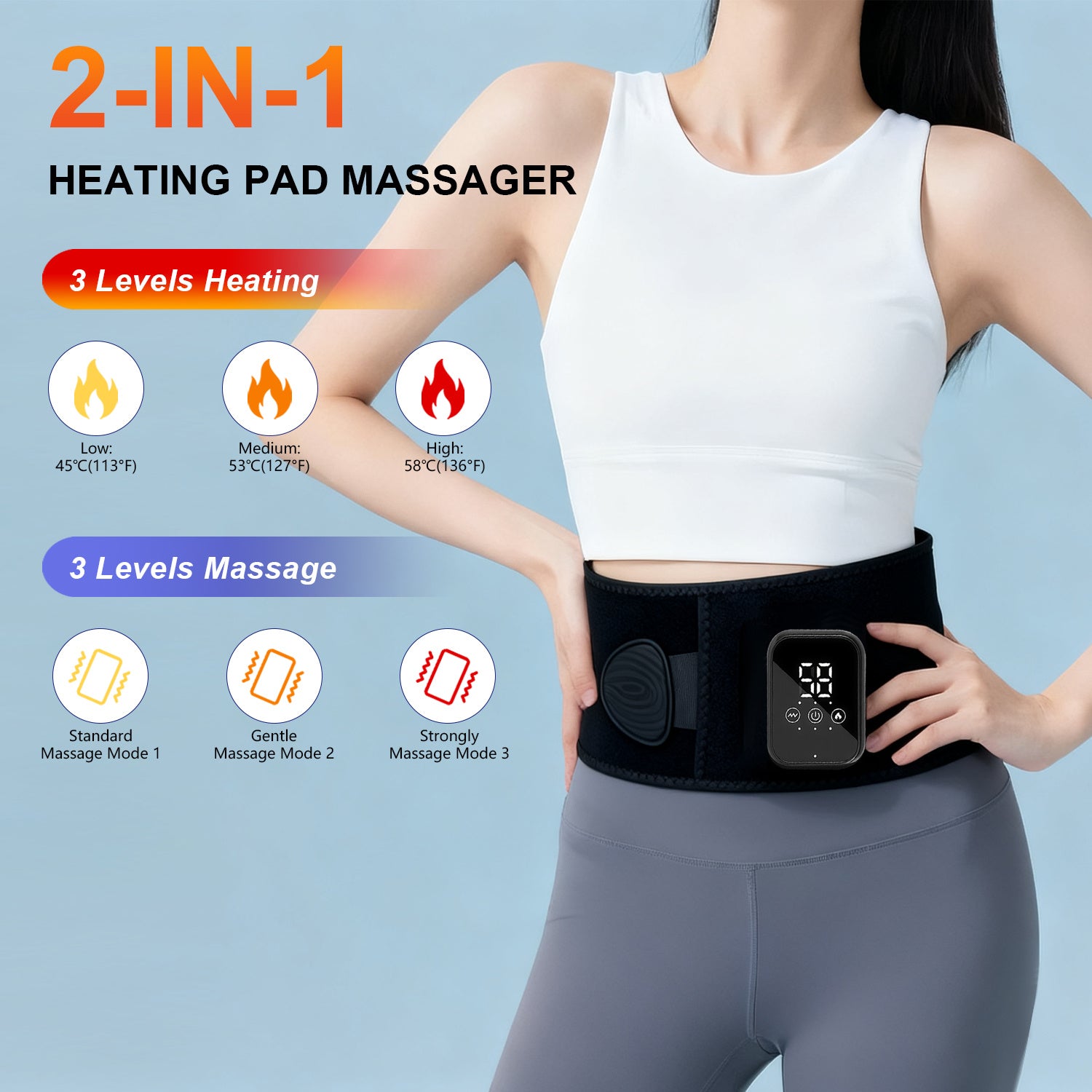 2-in-1 heating vibrating back massager with digital display on a person wearing a white tank top and gray leggings against a light blue background.