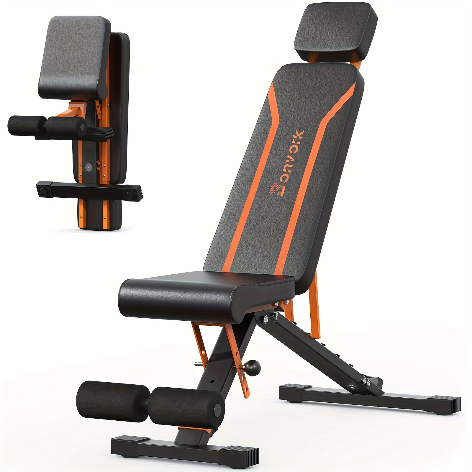 Black and orange adjustable weight bench on a white background