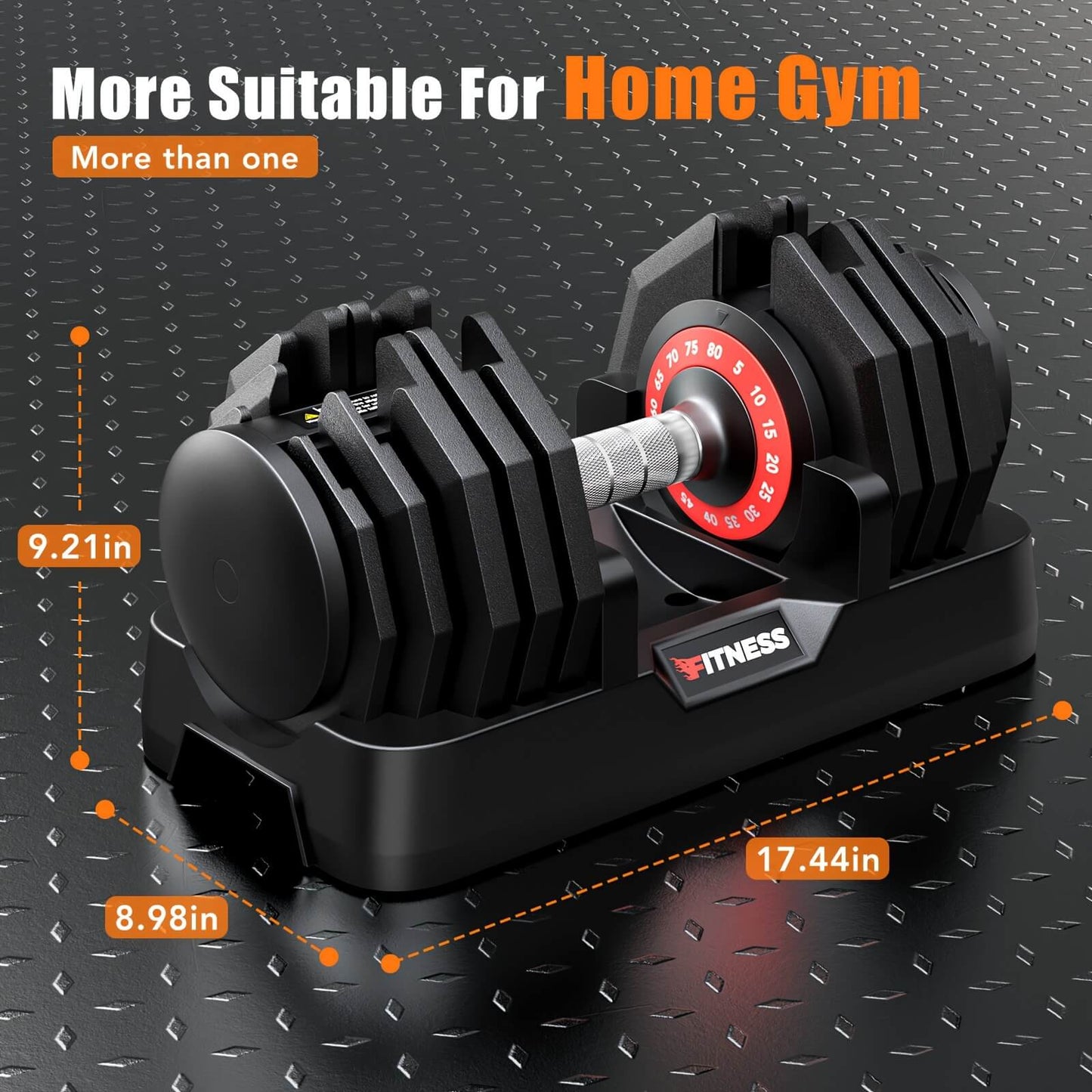 The dimension of a core home fitness adjustable dumbbell set with weight indication on a white background