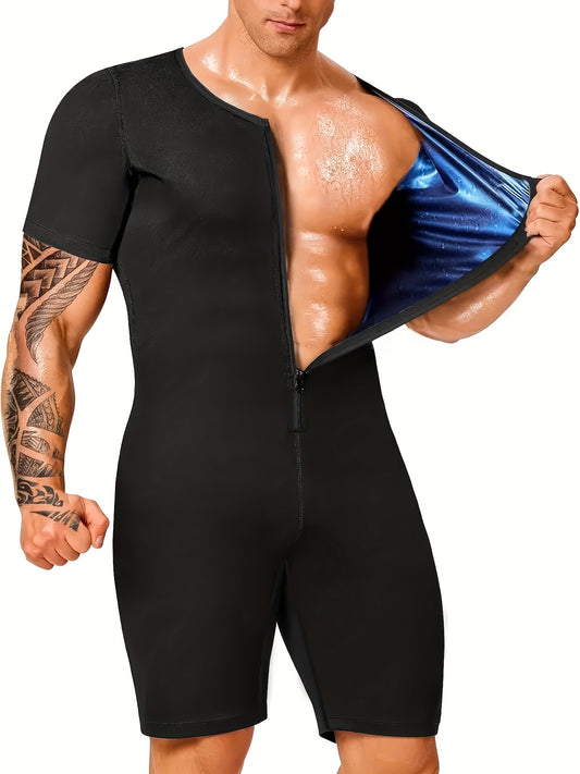 Person wearing a black compression sweat suit with a blue lining, showing muscle definition.