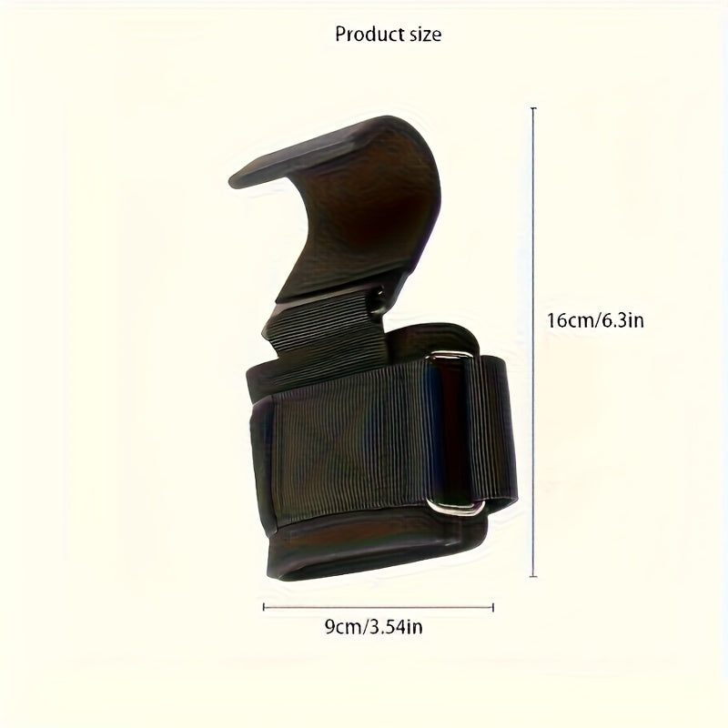 Black weight lifting hooks with dimensions on a white background