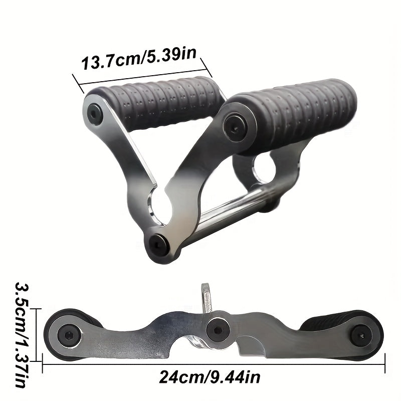 A T bar row handle with measurements on a white background