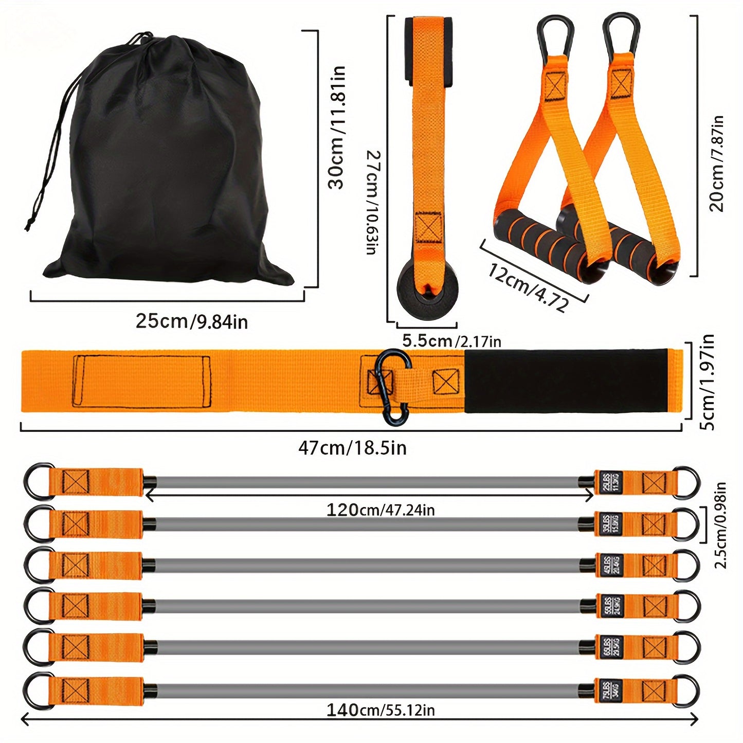 Set of orange straps with black carabiners and a black drawstring bag, showing measurements.