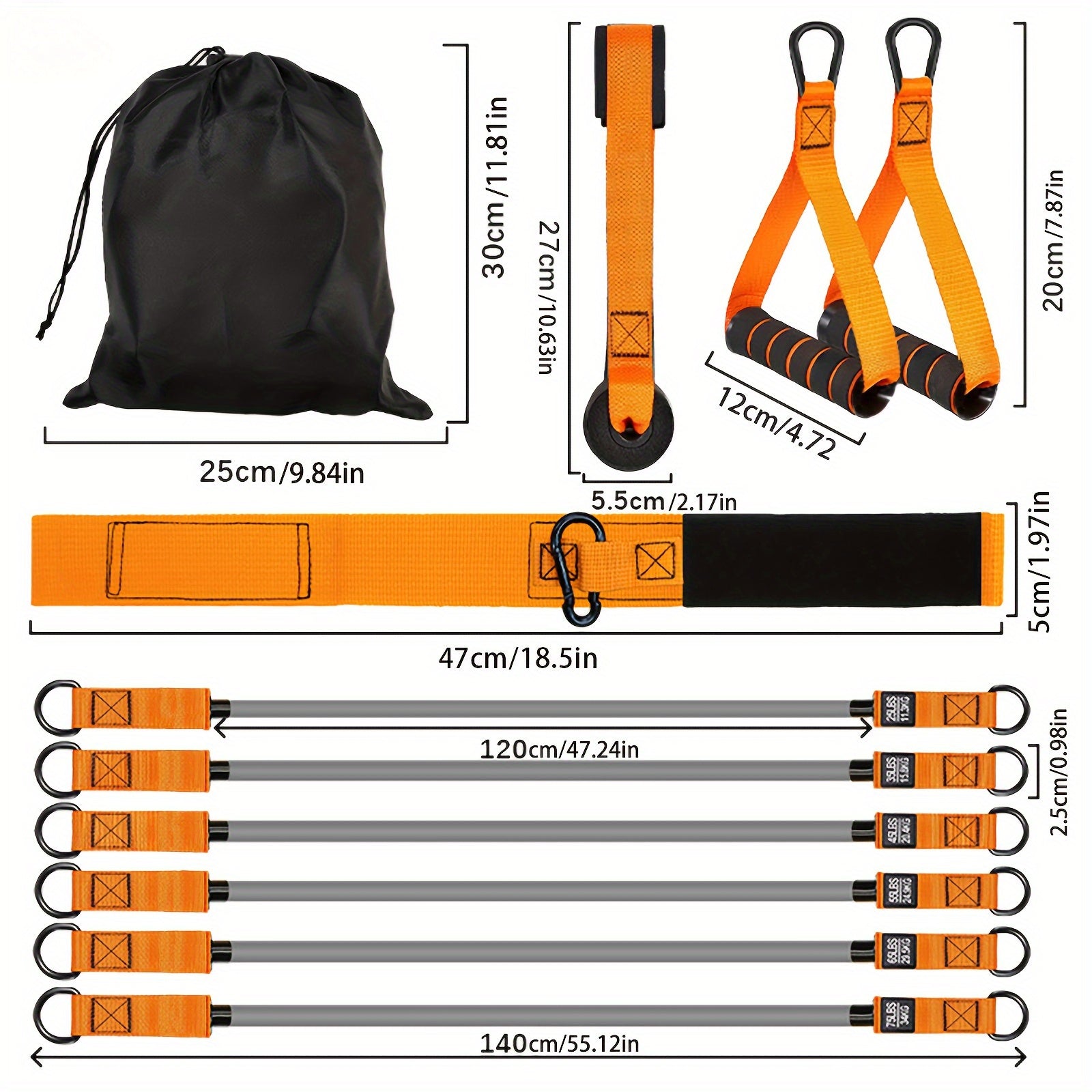 Set of orange straps with black carabiners and a black drawstring bag, showing measurements.