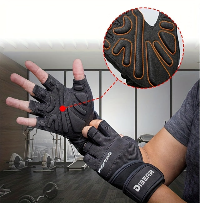 Black workout gloves with detailed design, worn by a person in a gym setting.