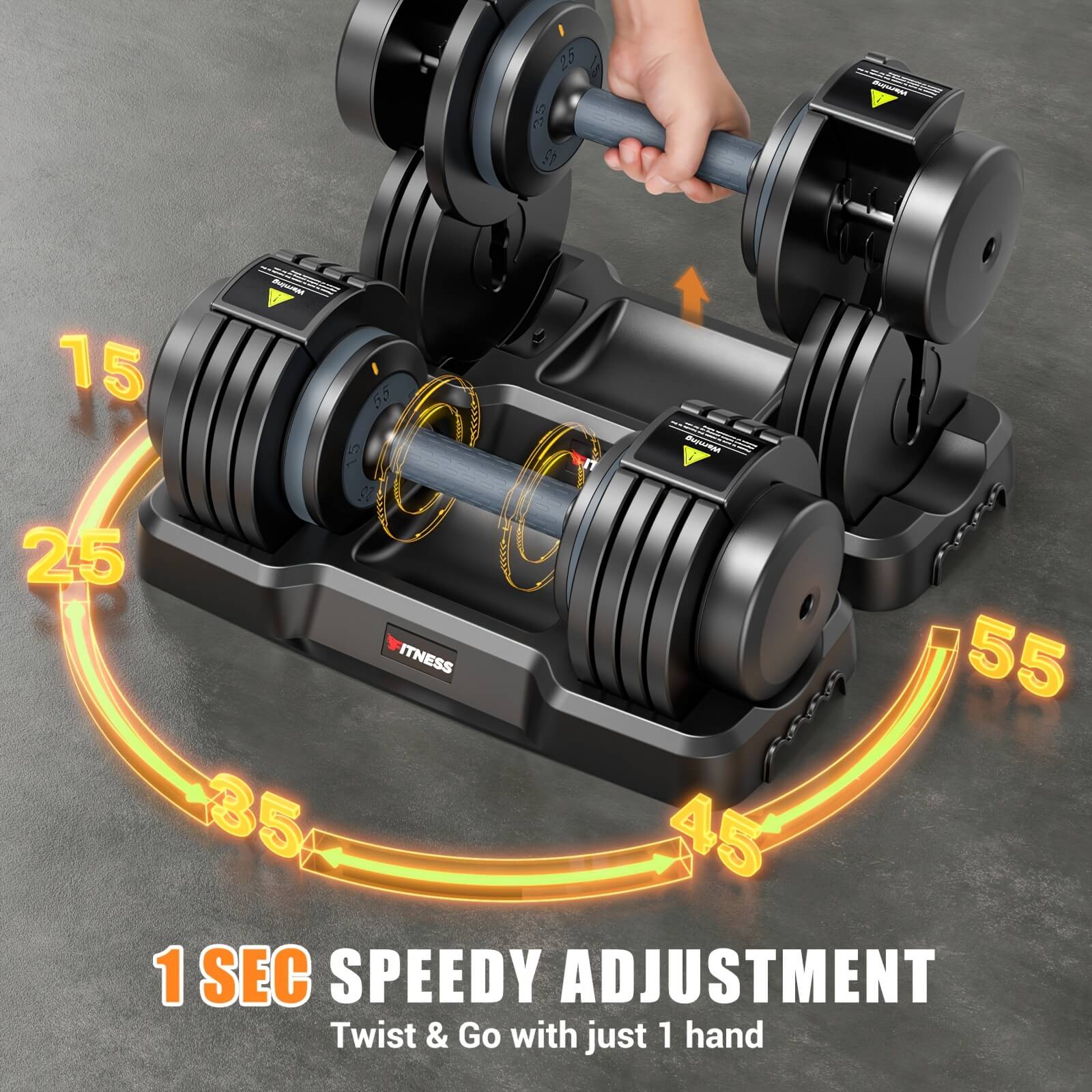 Heavy adjustable dumbbell set with speedy adjustment feature on a gray background