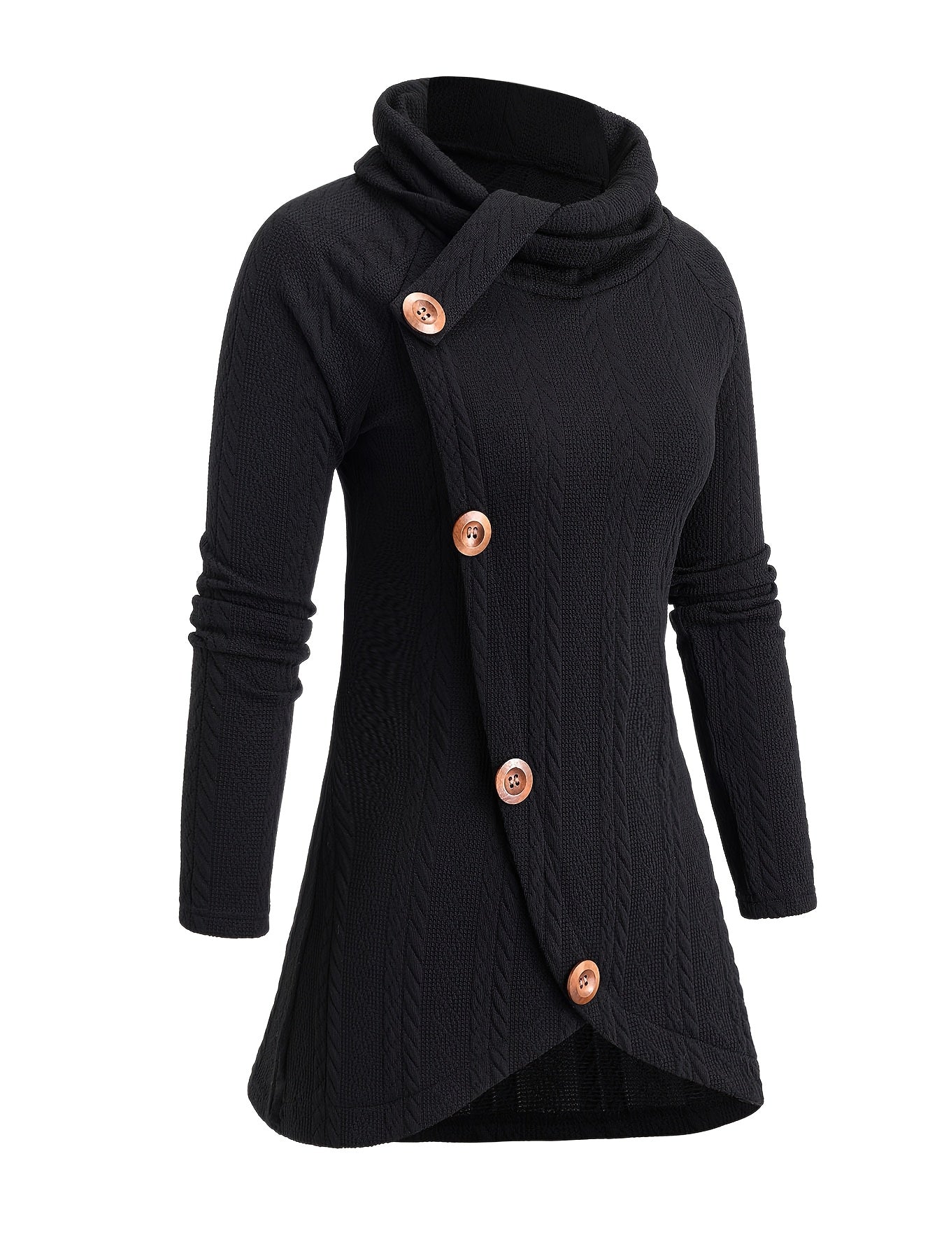 The side view of a black women's cable knit cardigan sold by 100 spartans