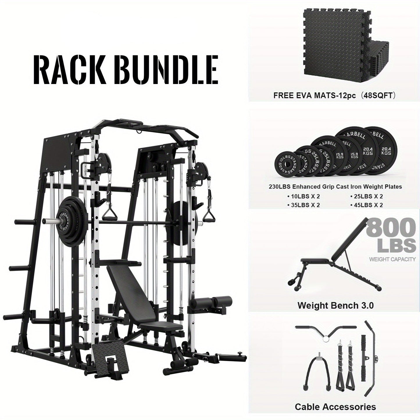 Smith machine bundle with weight plates, bench, and accessories on a white background