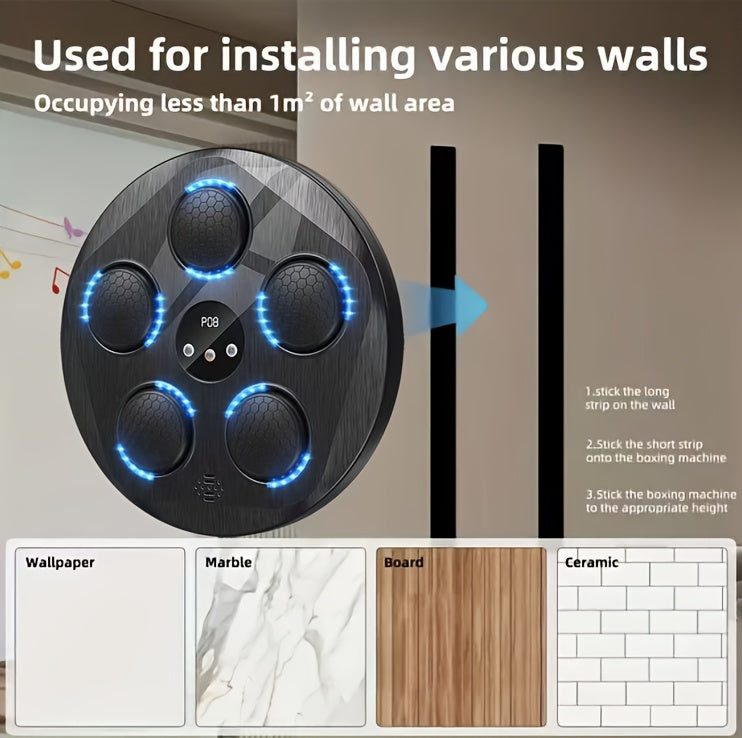 Wall installation tool for boxing music machine with blue lights on a gray background