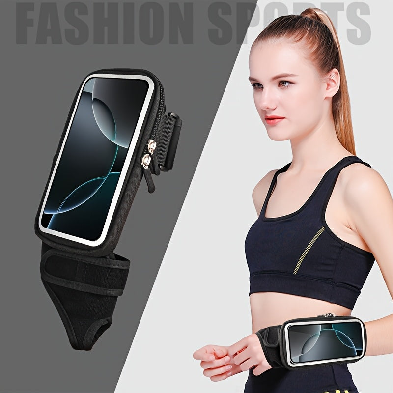 Black phone holder for running with a woman wearing it on her arm against a gray background