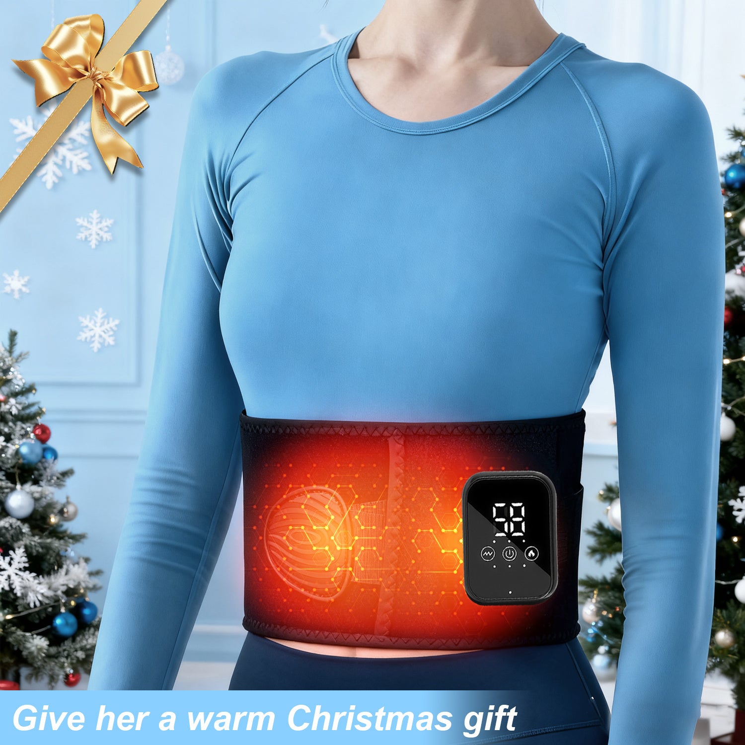 Person wearing a vibrating back massager  with a Christmas-themed background