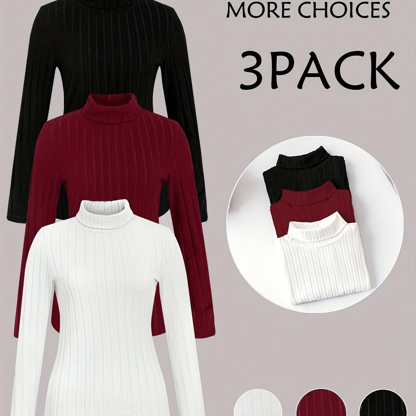 Three-pack of turtleneck sweaters in black, red, and white on a gray background.